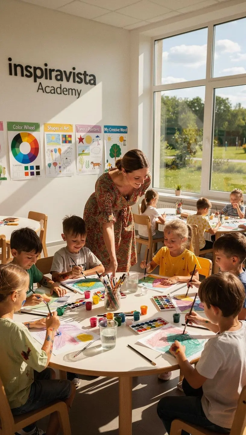 Mokytojas paaiškina vaikams meninę veiklą su spalvomis.