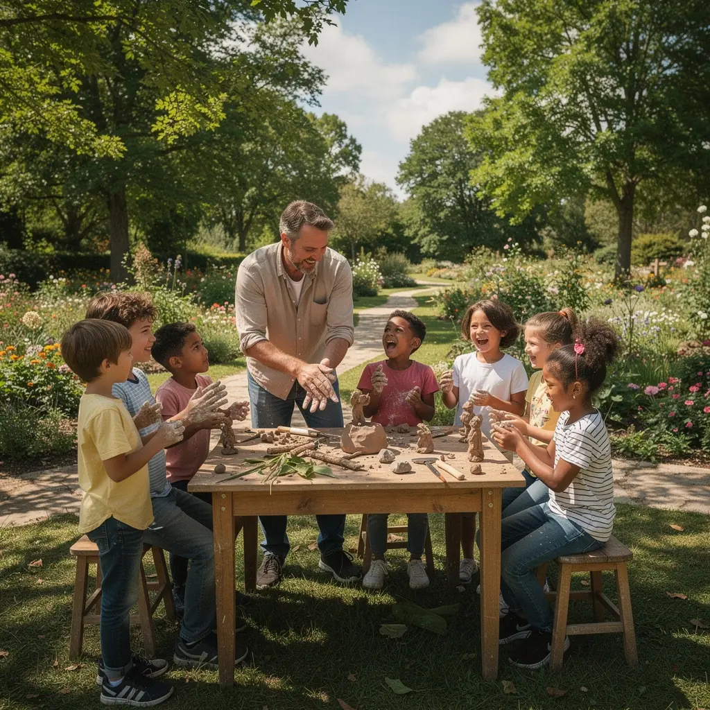 Vaikas eksperimentuoja su skirtingomis medžiagomis kūrybinėje dirbtuvėje.